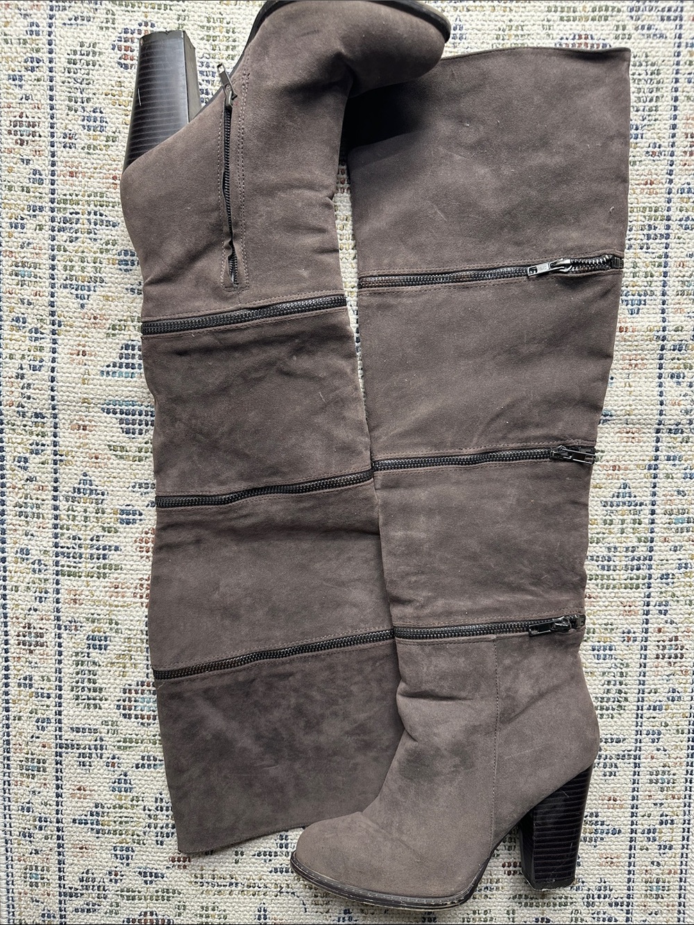 Tall Gray Suede Over-the-Knee Heeled Boots